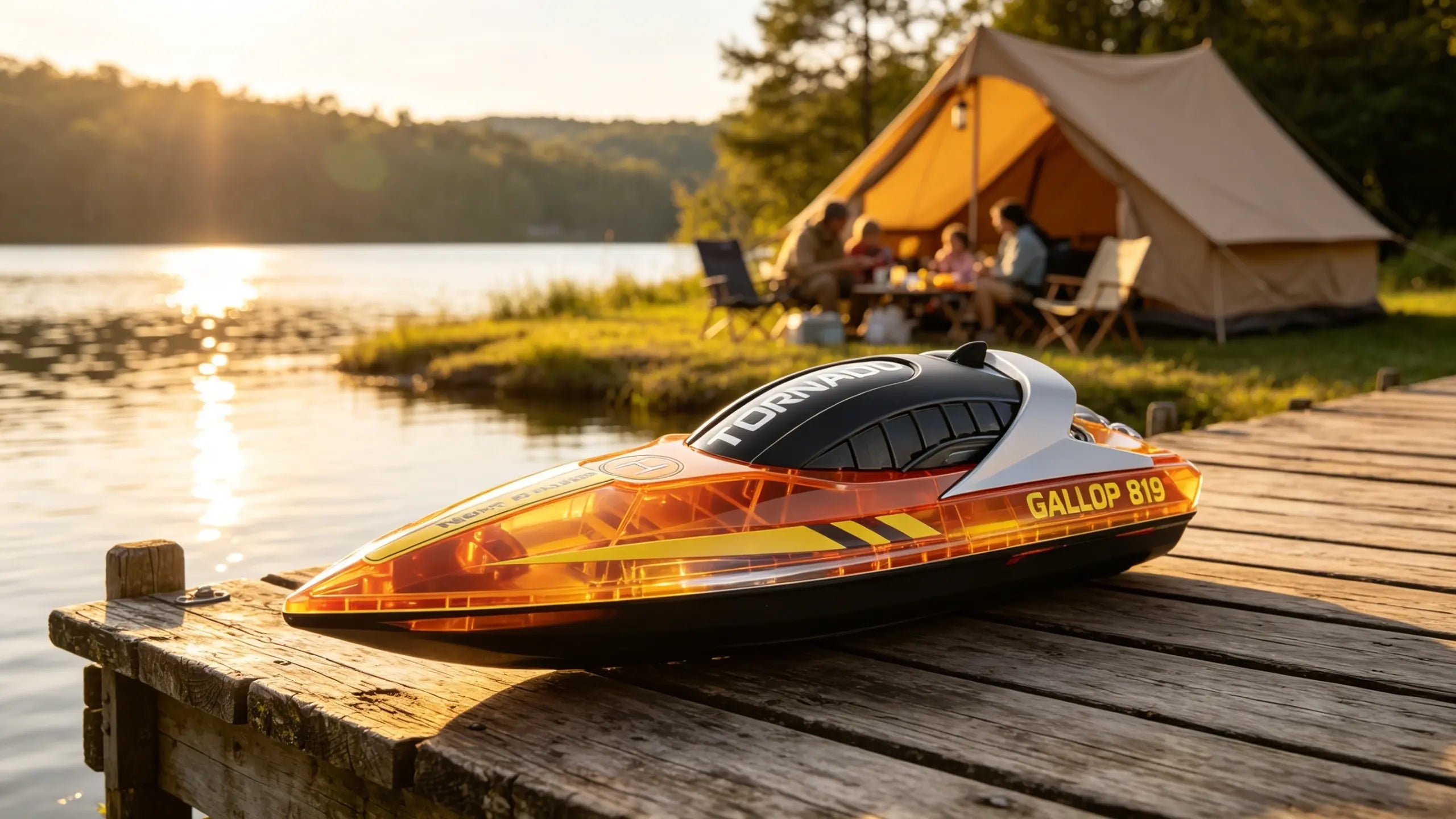 A bright orange Speed RC Boat parked on a wooden dock during a relaxing lakeside camping trip.