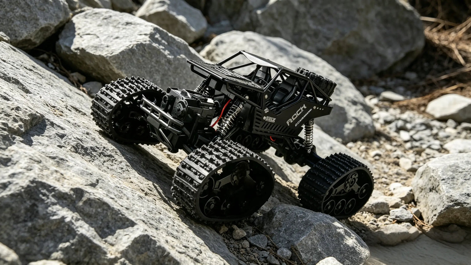 A powerful black 4WD Off-Road RC Car demonstrates its excellent climbing capability, conquering a challenging steep rock.