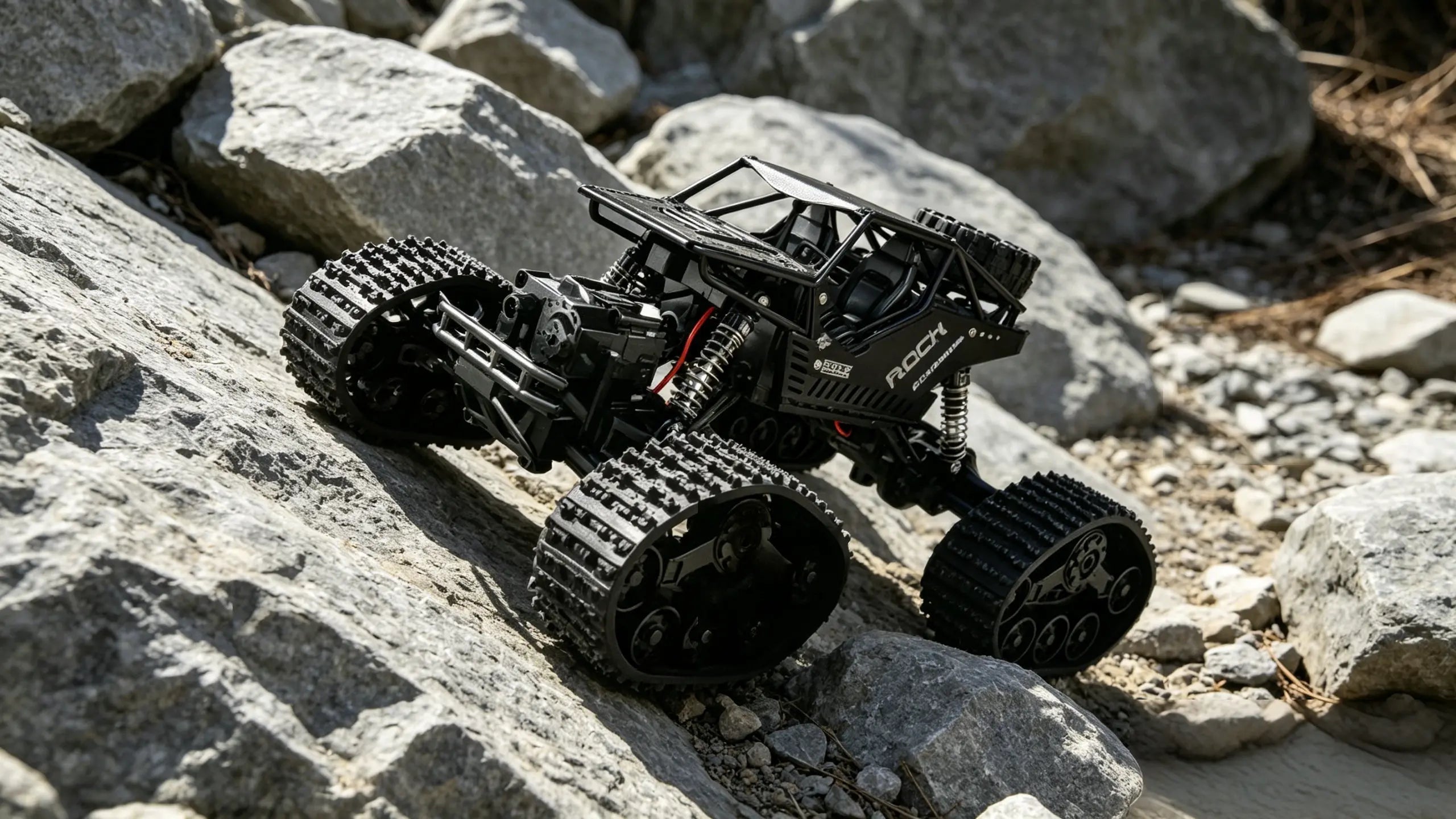 A powerful black 4WD Off-Road RC Car demonstrates its excellent climbing capability, conquering a challenging steep rock.