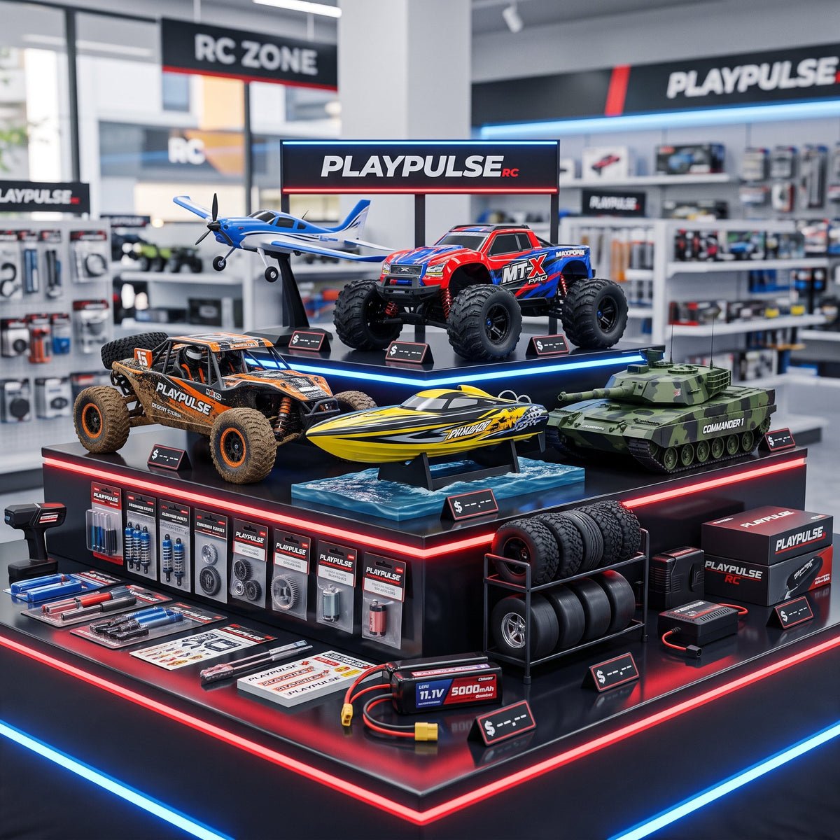 Playpulse RC promotional display with RC cars, boats, tanks, aircraft, parts and accessories