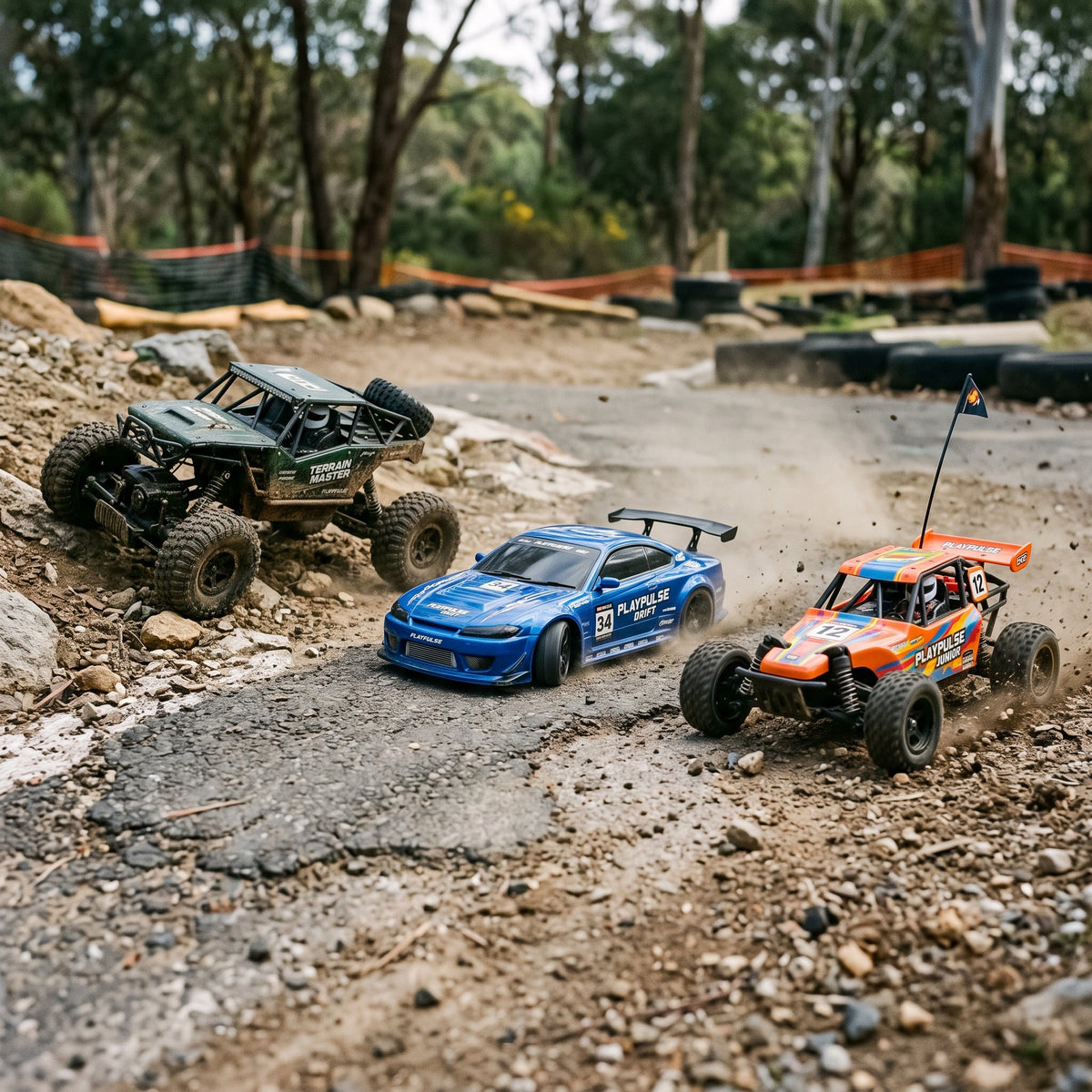 Playpulse RC high-performance remote control cars collection featuring off-road crawlers and drift racers on terrain