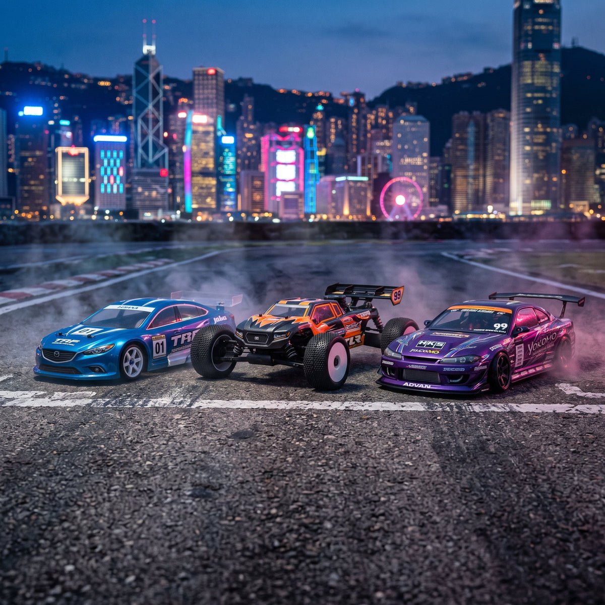 Playpulse RC professional racing and drift cars on an asphalt track
