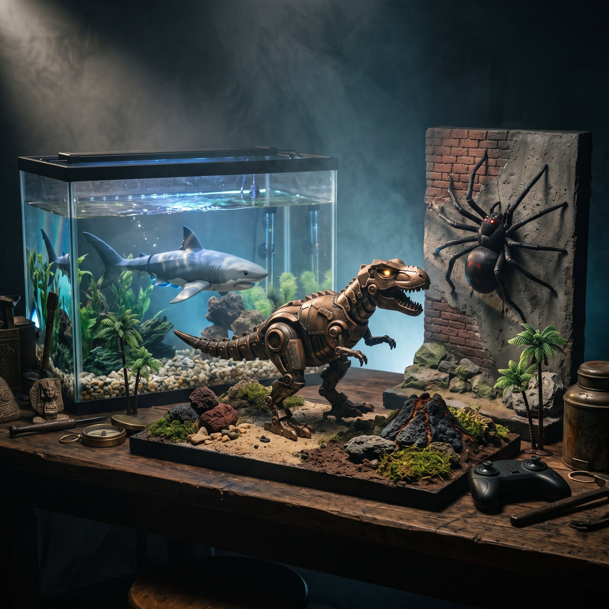 Playpulse RC unique novelty toys featuring walking dinosaurs, wall-climbing insects, and sharks