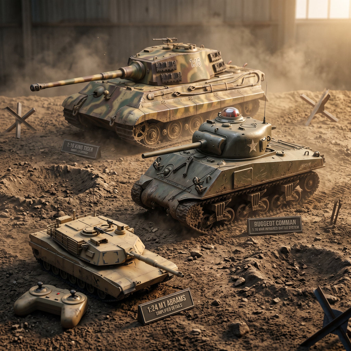 Playpulse RC military tank collection including scale models and outdoor combat tanks