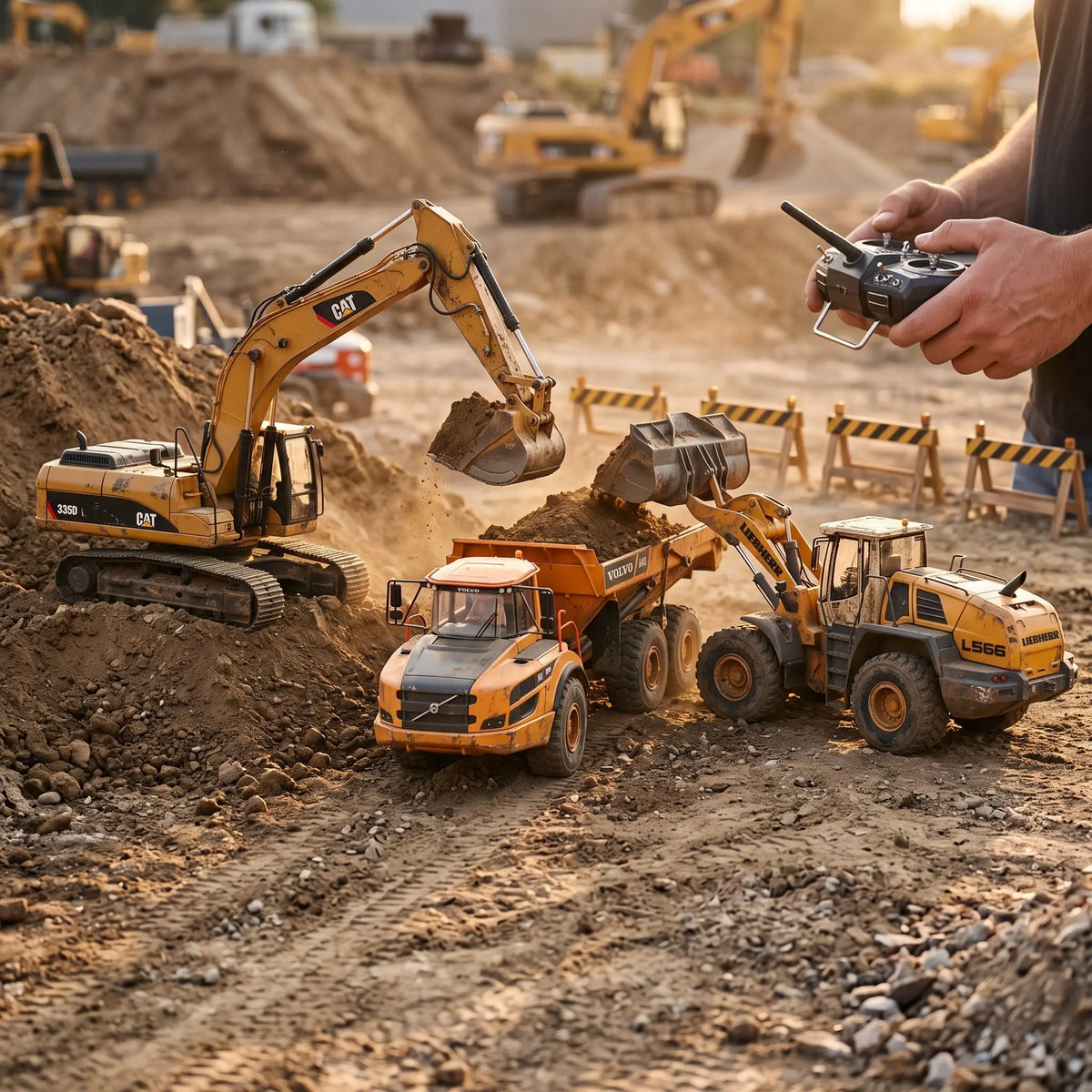 Playpulse RC heavy-duty construction vehicle fleet including excavators and dump trucks