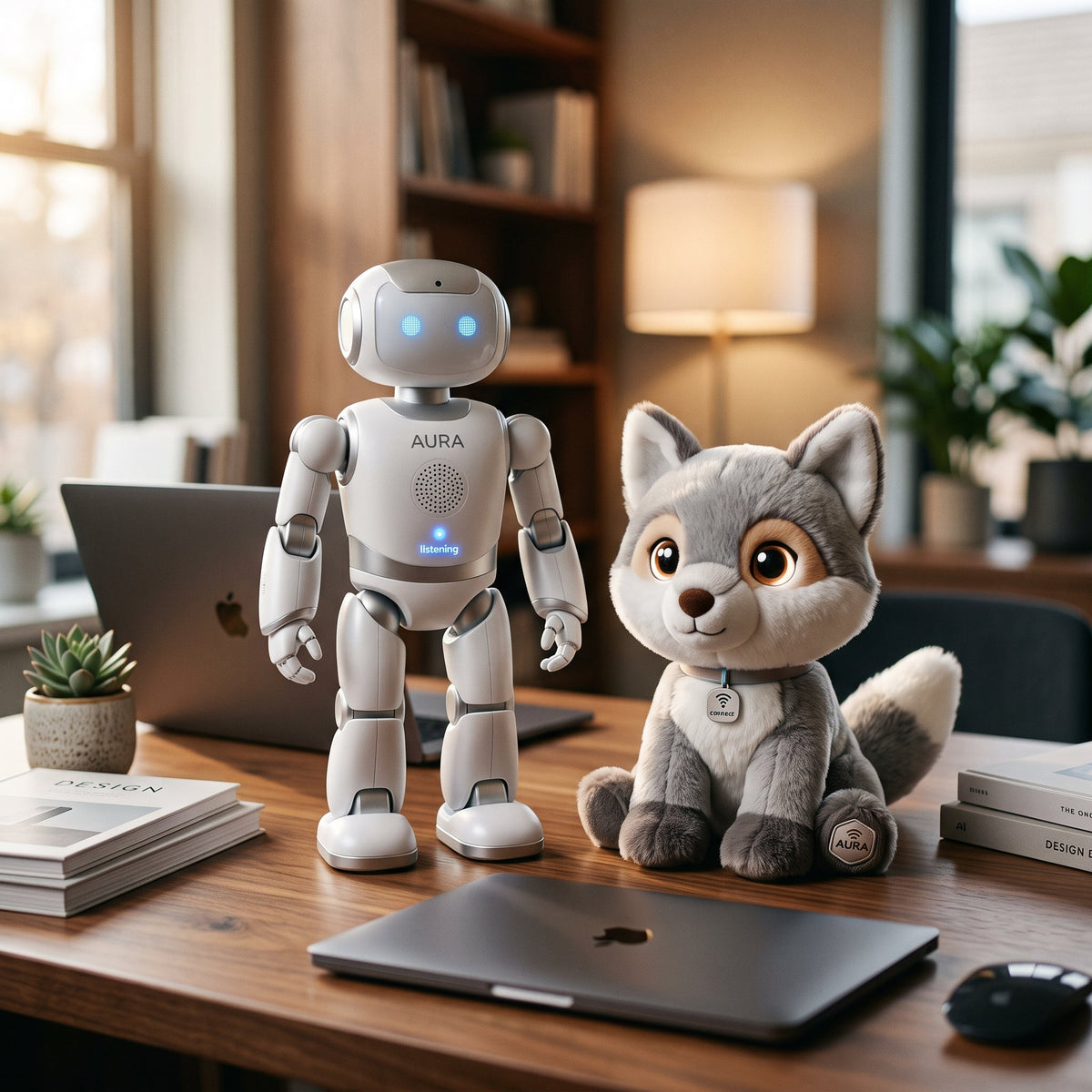 Playpulse RC voice-chat AI companion robot and smart plush toy on a desk