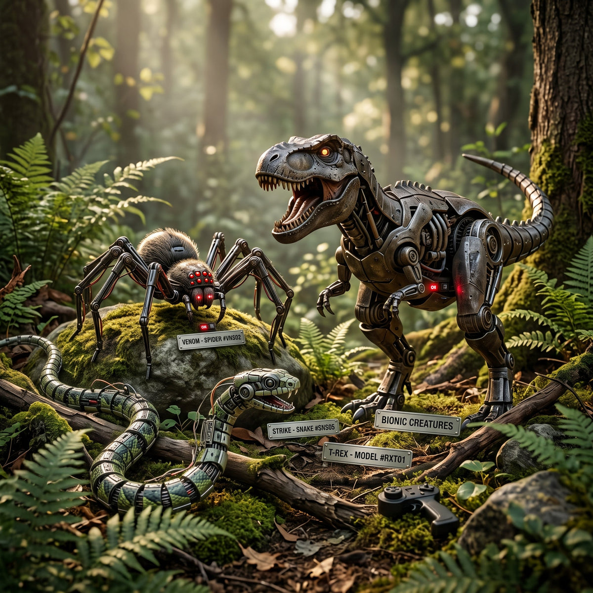 Playpulse RC bionic animal group including a mechanical T-Rex and a spider