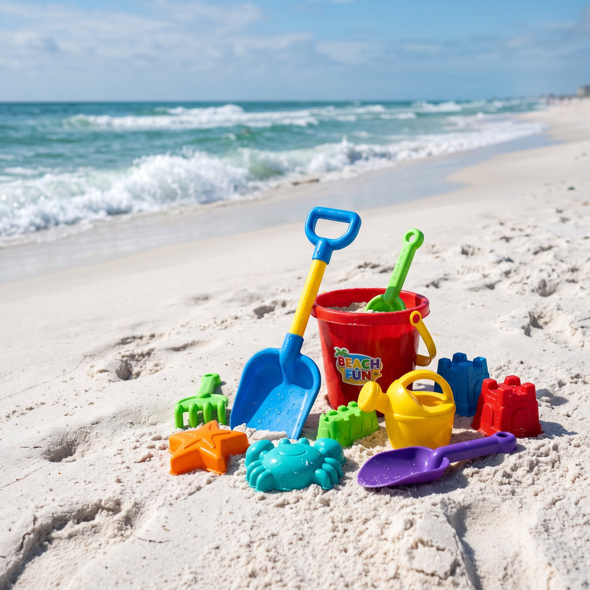 Playpulse RC colorful plastic sandcastle building tools on a beach