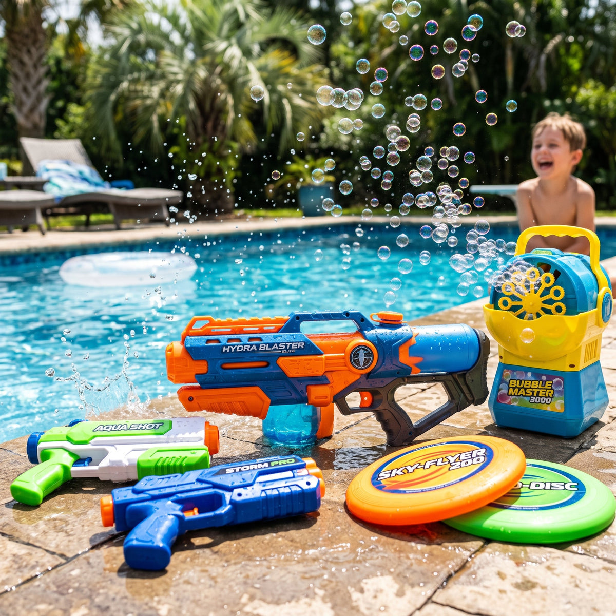 Playpulse RC outdoor play toys including water blasters, bubble machines, and flying discs