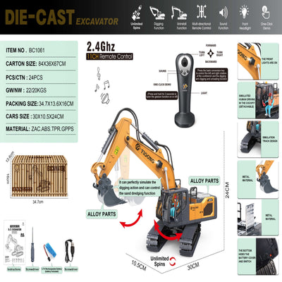 YIGONG Remote Control Engineering Vehicle Toy Car for Kids（Excavator、Dump Truck、Bulldozer）