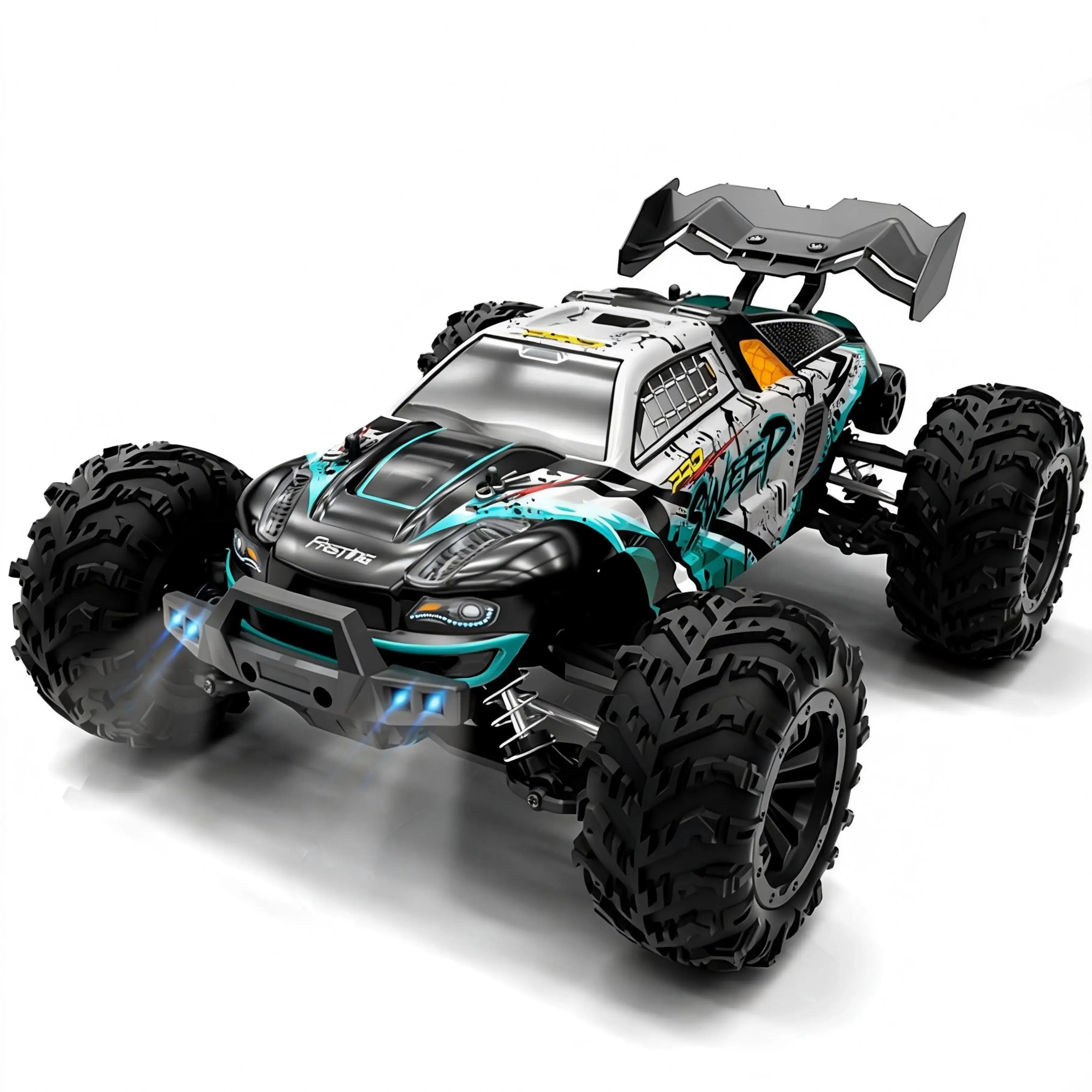 4WD 70KM/H monster truck with black and white body and blue-green flame graphics- Playpulse RC