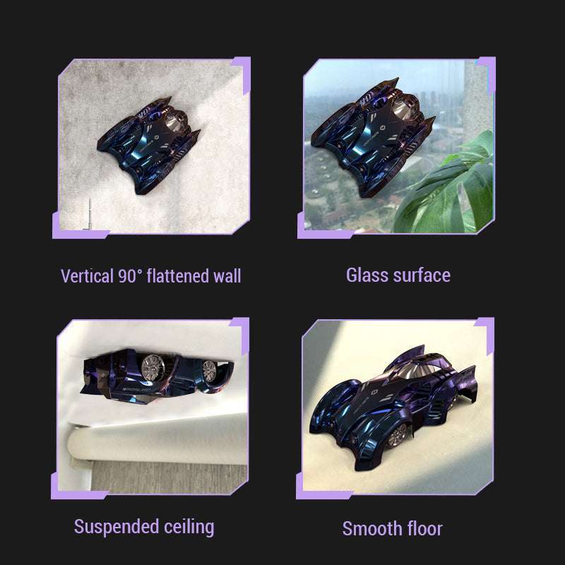 PLAYPULSE 2.4g rc stunt car with wall racer shown on wall, glass, ceiling, and smooth floor surfaces