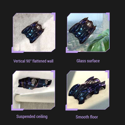 PLAYPULSE 2.4g rc stunt car with wall racer shown on wall, glass, ceiling, and smooth floor surfaces