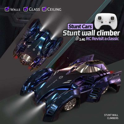 PLAYPULSE 2.4g rc stunt car with wall racer in black blue, stunt wall climber for walls glass and ceiling
