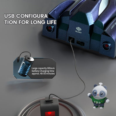 PLAYPULSE 2.4g rc stunt car with wall racer showing USB charging and lithium battery details