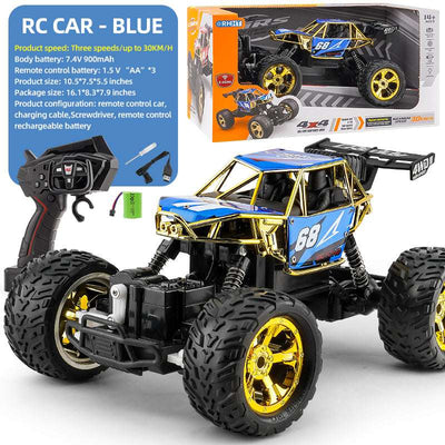PLAYPULSE 4WD off-road RC truck in blue and gold with remote control and large rugged tires