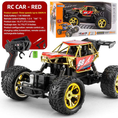 PLAYPULSE 4WD off-road RC truck red remote control car with large tires and three-speed settings