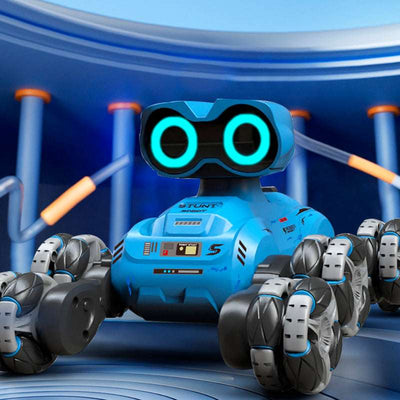 PLAYPULSE blue 8-wheel RC stunt car with futuristic design and large glowing eyes