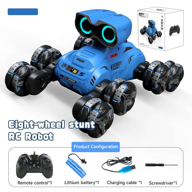 PLAYPULSE 8-wheel RC stunt car in blue with remote control and accessories for performing stunts