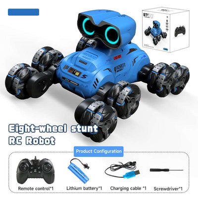 PLAYPULSE 8-wheel RC stunt car in blue with remote control and accessories for performing stunts