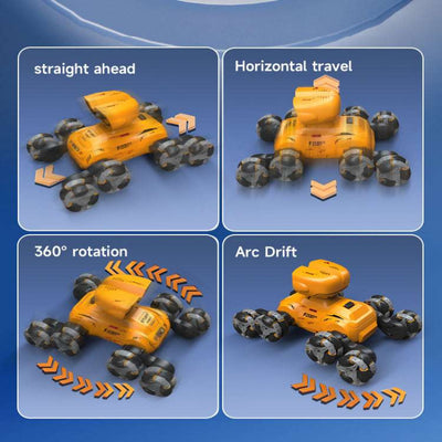 PLAYPULSE 8-wheel RC stunt car demonstrating straight ahead, horizontal travel, 360 rotation, and arc drift moves