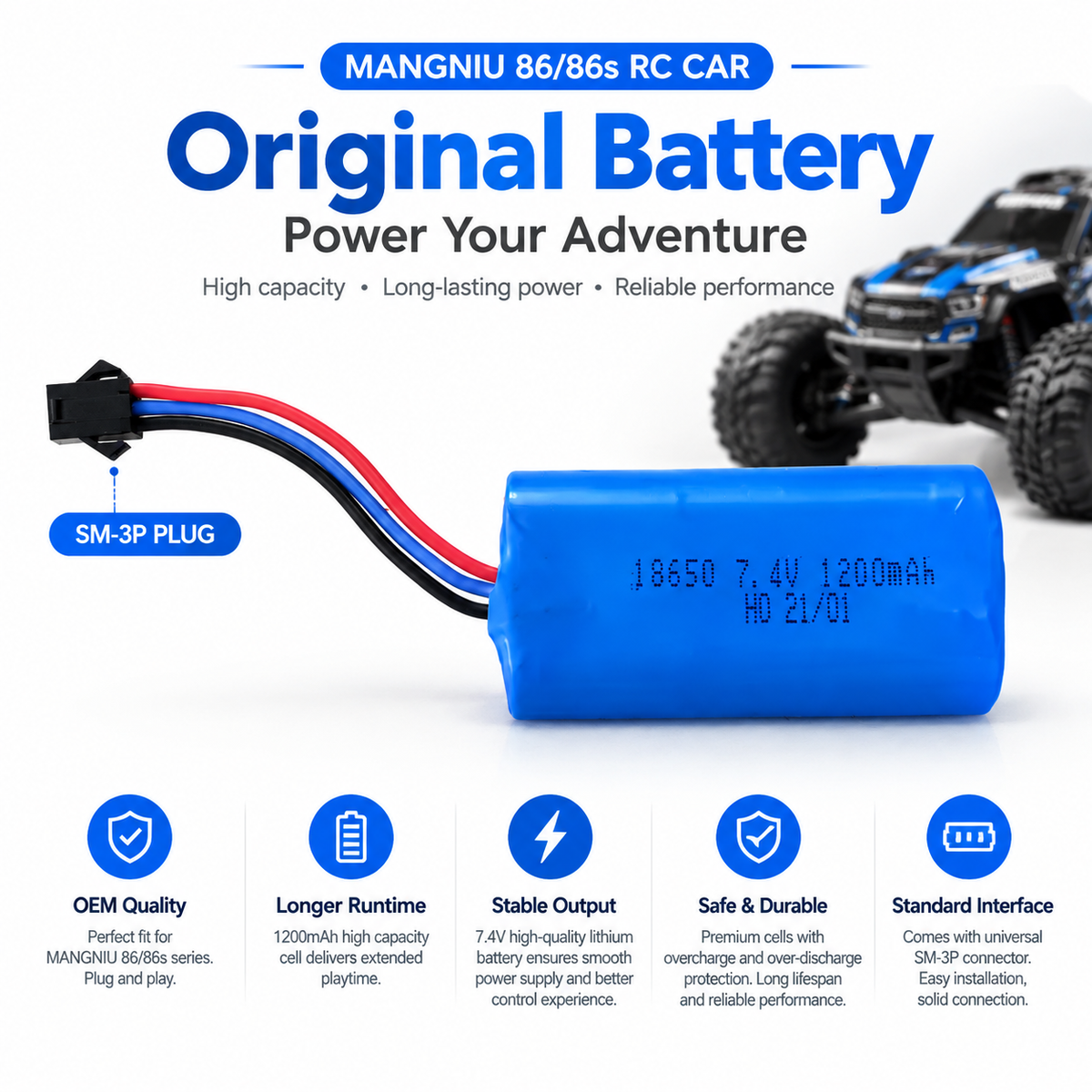 MN128 7.4V 1200mAh Battery – Replacement Li-ion Pack for 1/12 RC Crawler