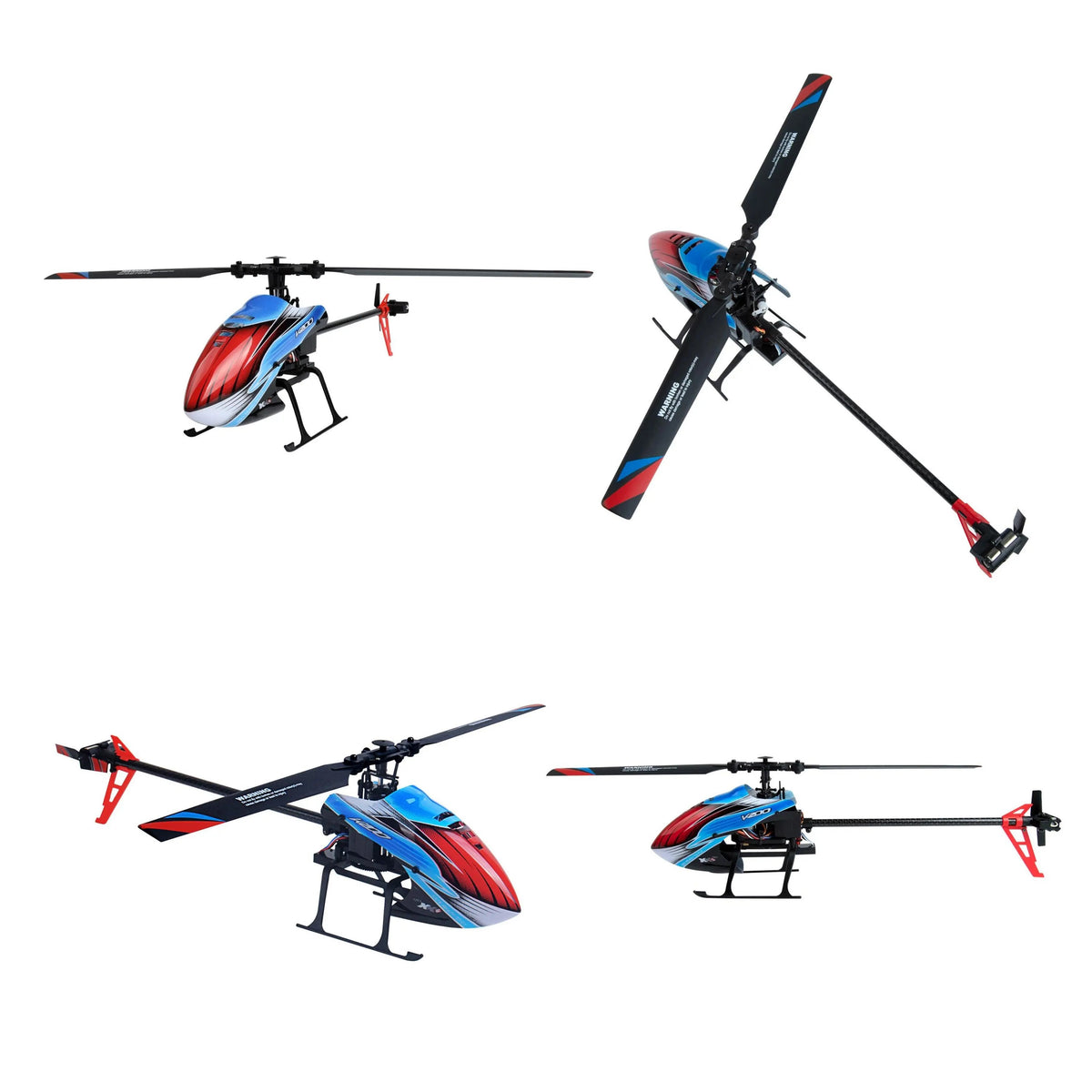 Optical Flow Positioning RC Helicopter Aircraft-Blue and red RC helicopter aircraft with black rotor blades, shown from multiple angles-PLAYPULSE