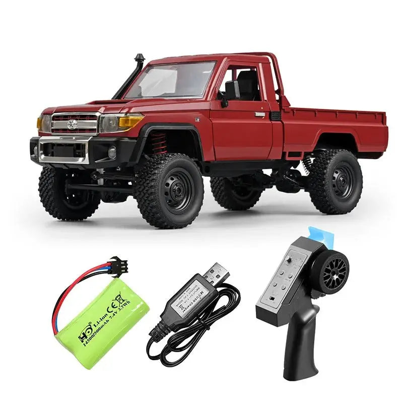 Red remote control crawler truck, a detailed scale model with green battery- PLAYPULSE RC