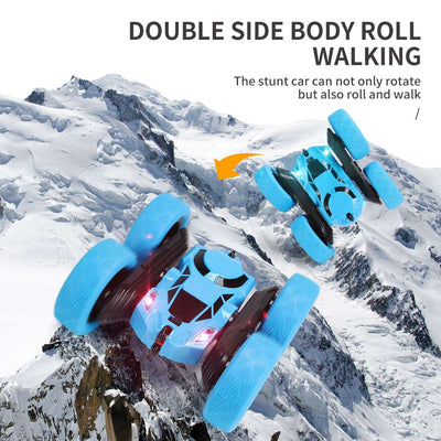 PLAYPULSE double sided RC stunt car in blue performing body roll and walking stunt on snowy mountain background