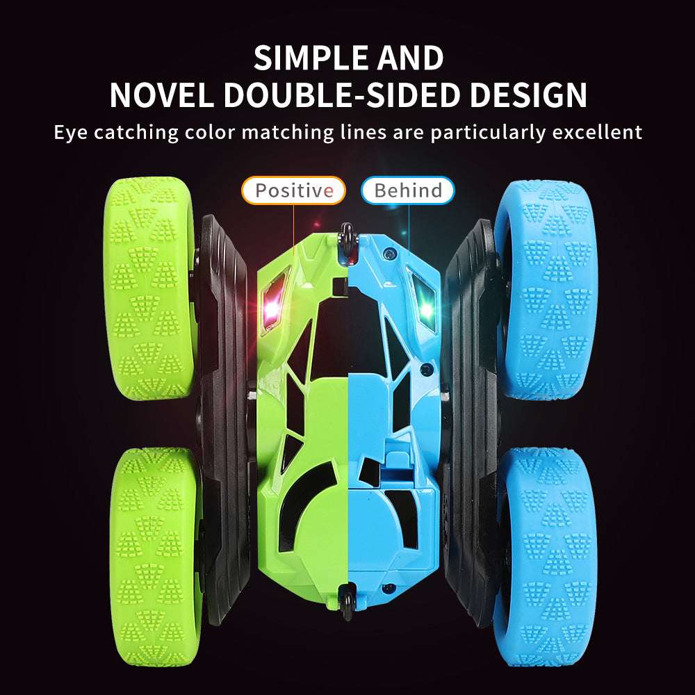 PLAYPULSE double sided RC stunt car with blue and green wheels and eye catching color matching lines