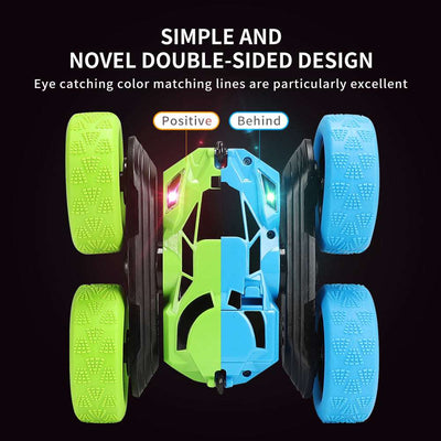 PLAYPULSE double sided RC stunt car with blue and green wheels and eye catching color matching lines