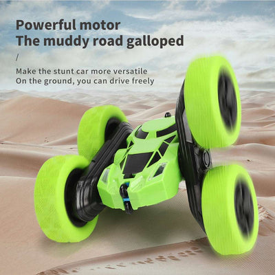 PLAYPULSE double sided RC stunt car in green with large wheels designed for versatile off-road driving