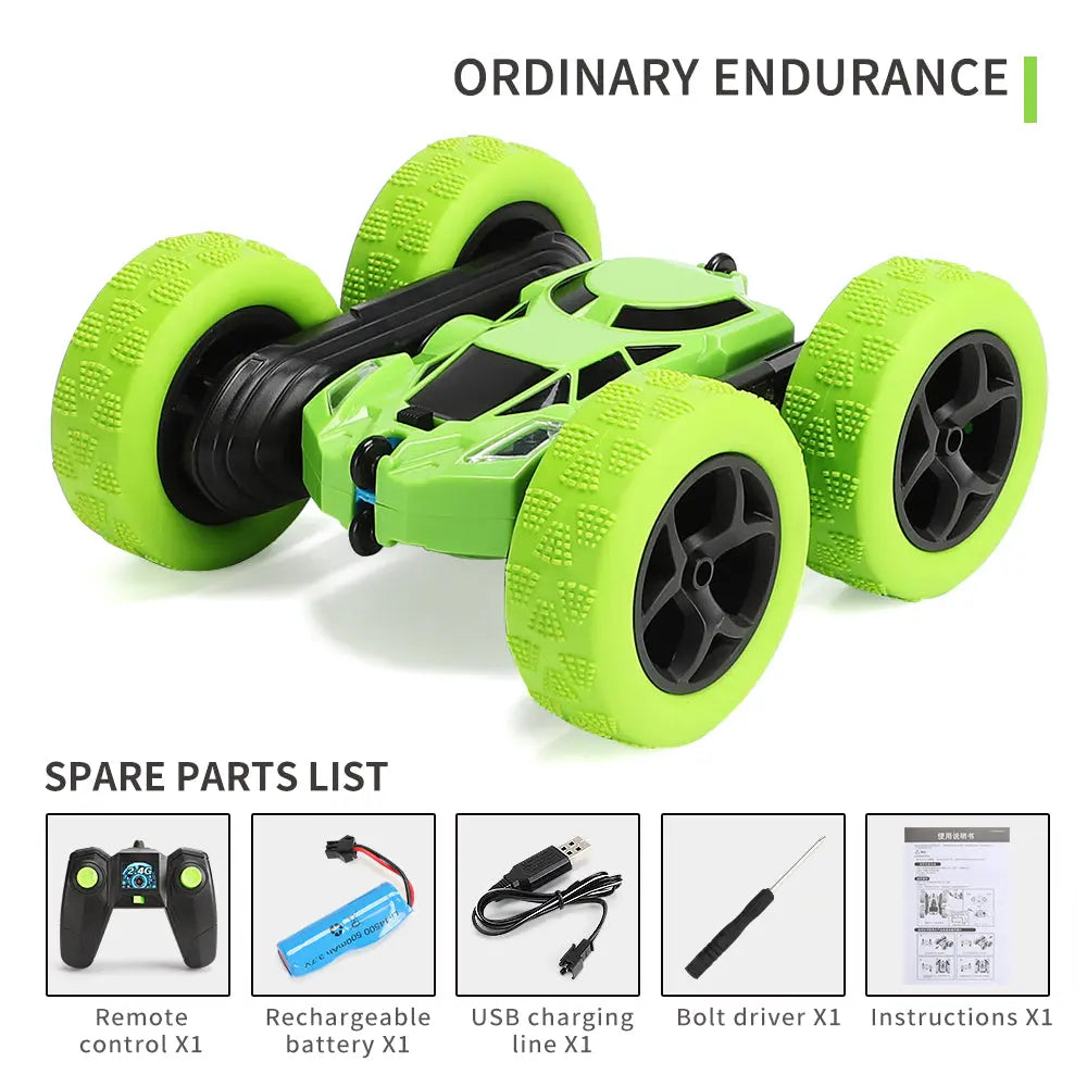 PLAYPULSE double sided RC stunt car in green with large tires and remote control included