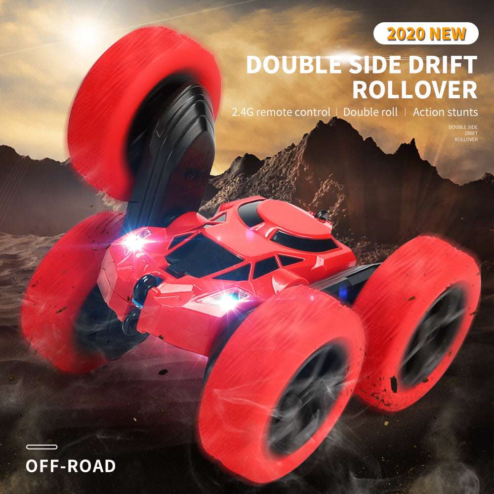 PLAYPULSE red double sided RC stunt car performing off-road rolls with 2.4G remote control