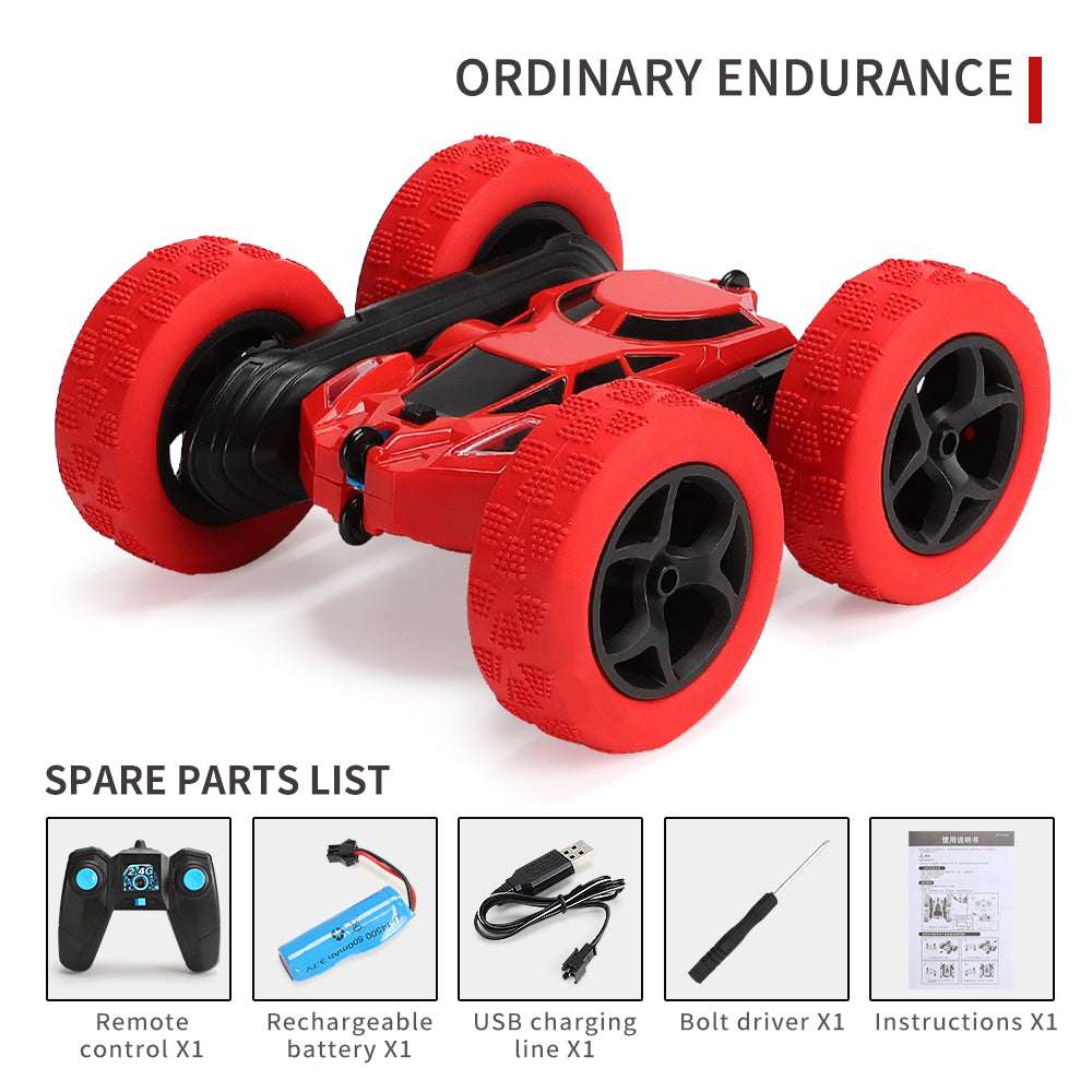 PLAYPULSE double sided RC stunt car in red with large wheels and included remote control and accessories