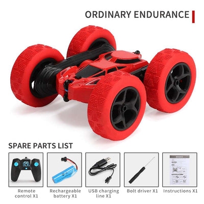 PLAYPULSE double sided RC stunt car in red with large wheels and included remote control and accessories