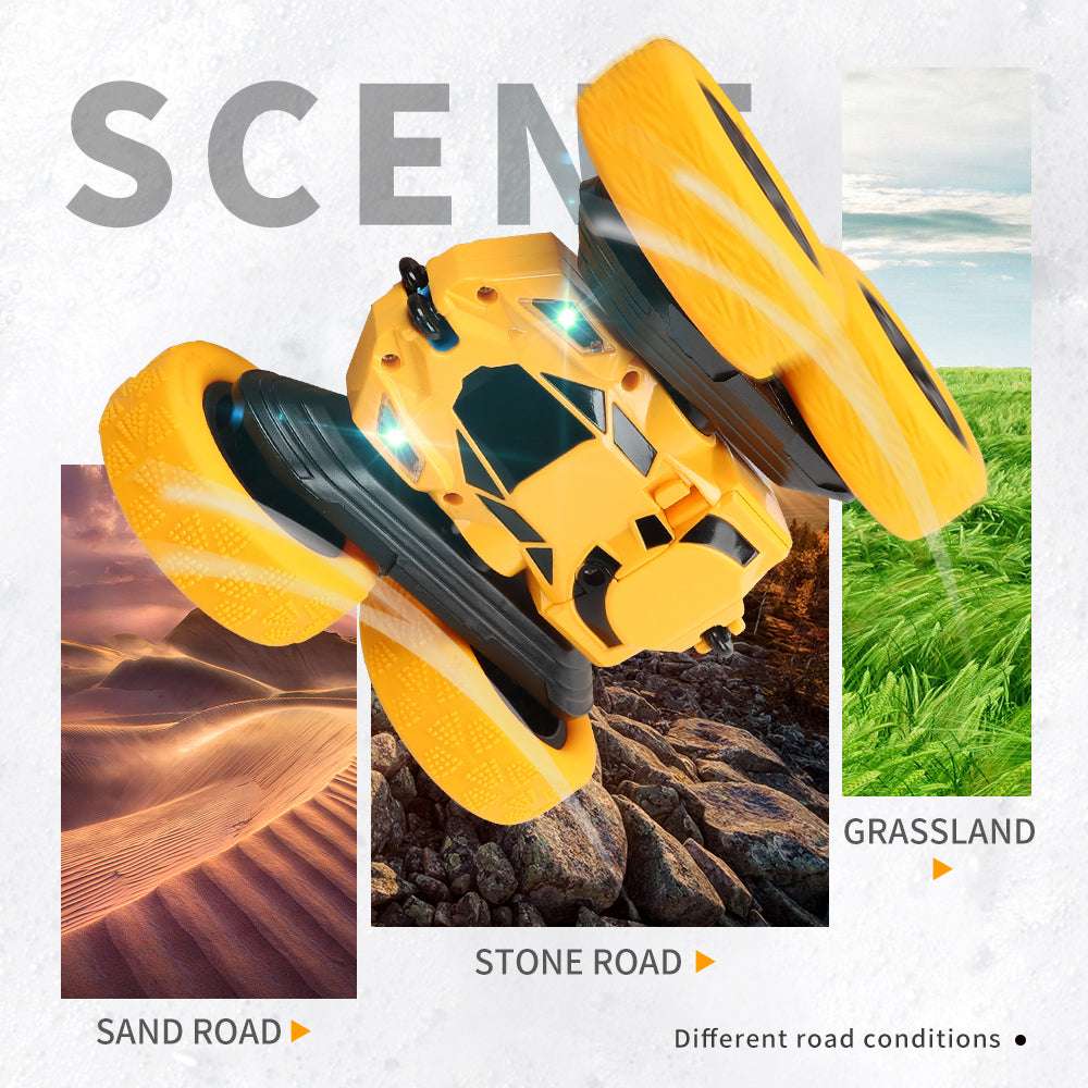 PLAYPULSE double sided RC stunt car in yellow designed for sand road stone road and grassland