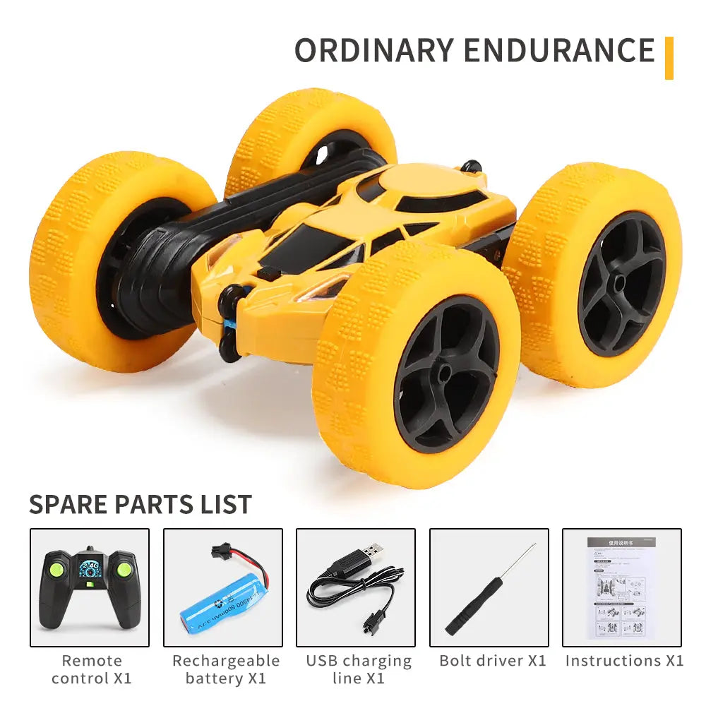 PLAYPULSE yellow double sided RC stunt car with remote control rechargeable battery and USB charger