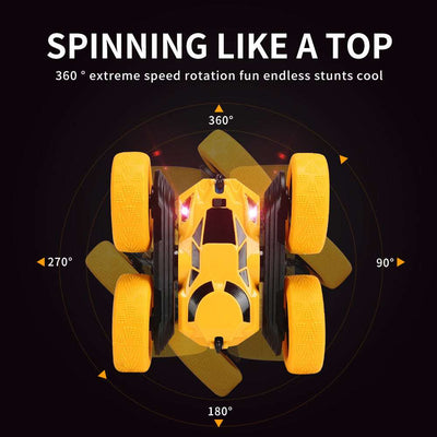 PLAYPULSE double sided RC stunt car in yellow performing 360 degree extreme speed rotation stunts