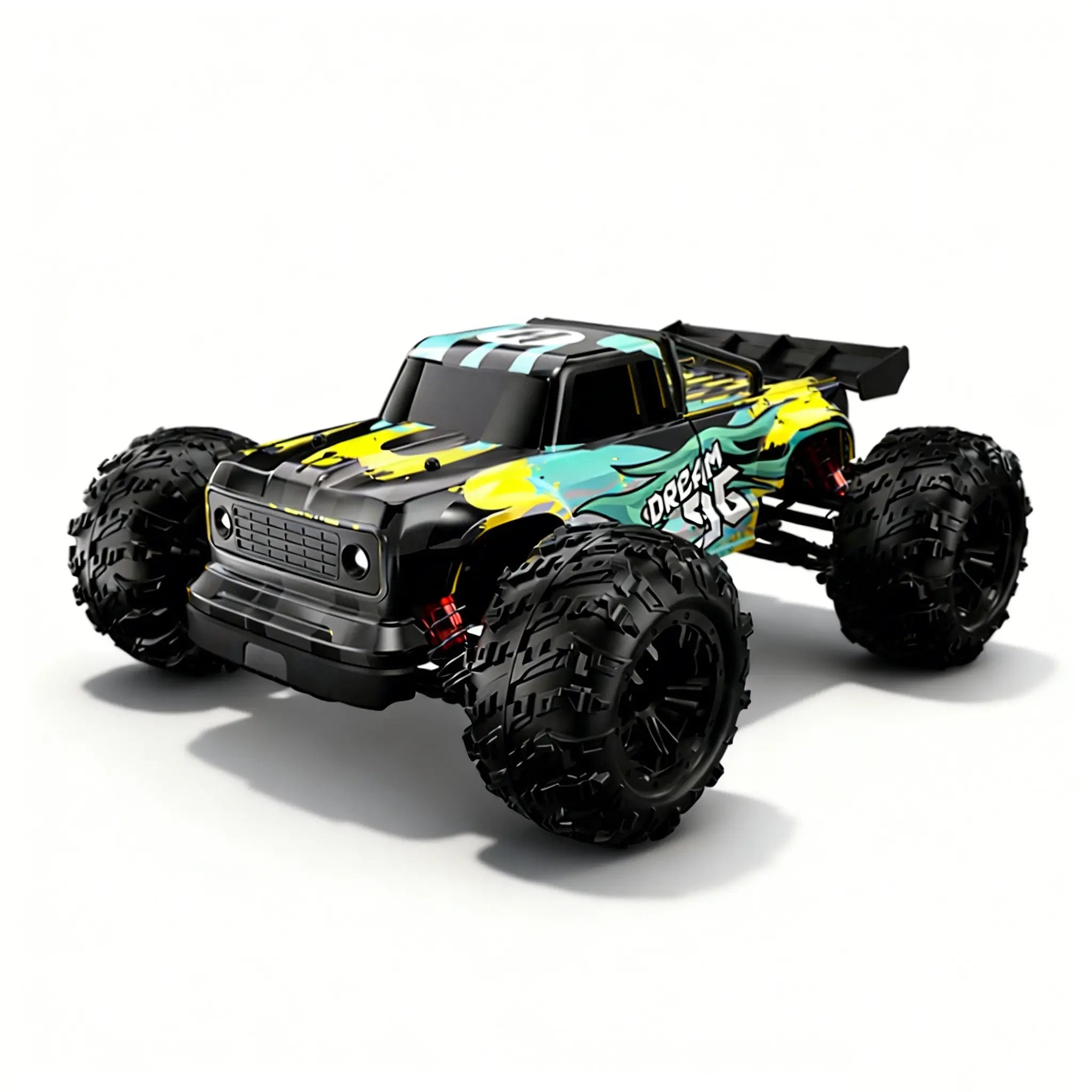 Alloy crawler remote control truck with black body, vibrant green-yellow flames, and large off-road tires. - Playpulse RC