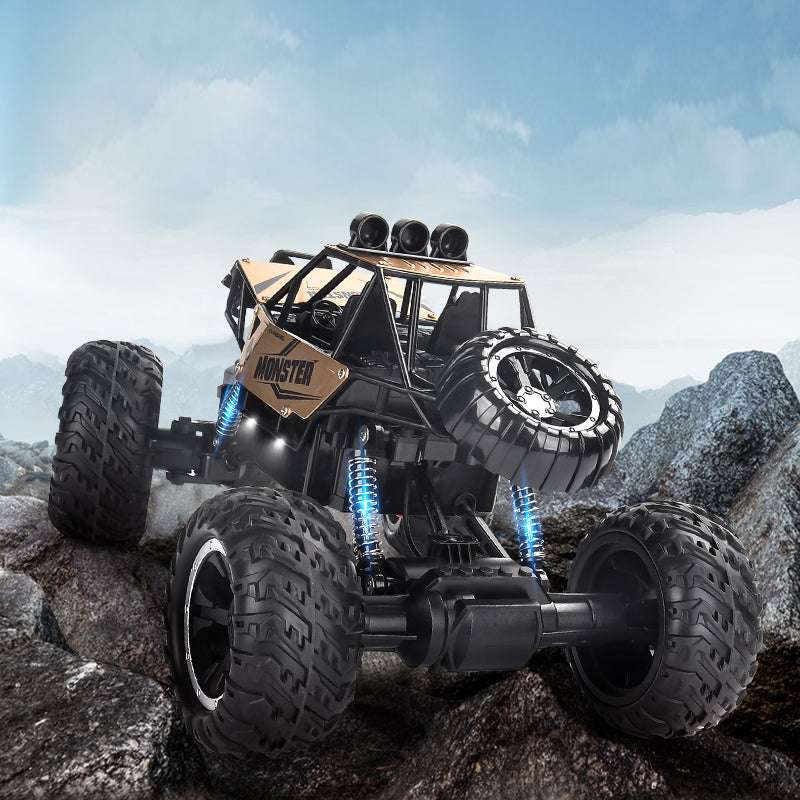 PLAYPULSE wireless remote control off-road car with large tires and rugged design climbing rocky terrain