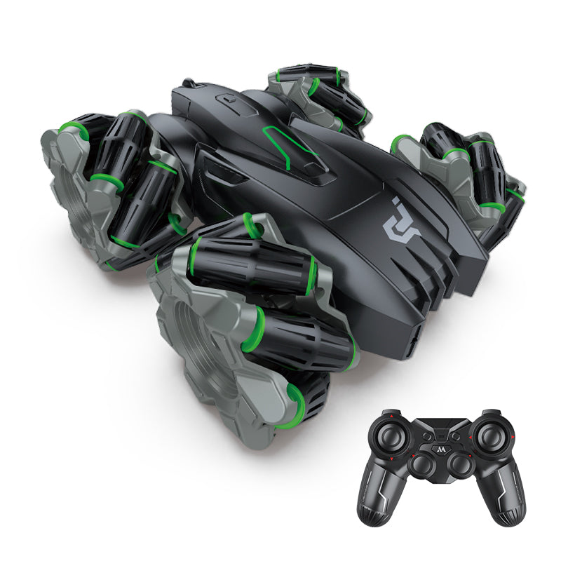 PLAYPULSE black remote control car with green accents and controller RC car with sidesway and flips