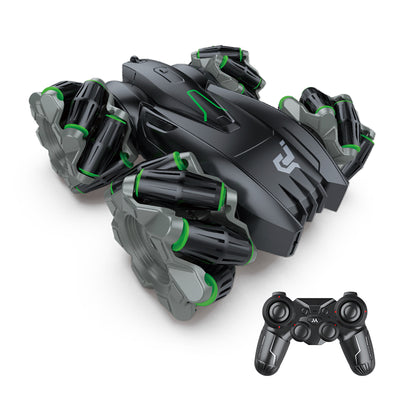 PLAYPULSE black remote control car with green accents and controller RC car with sidesway and flips
