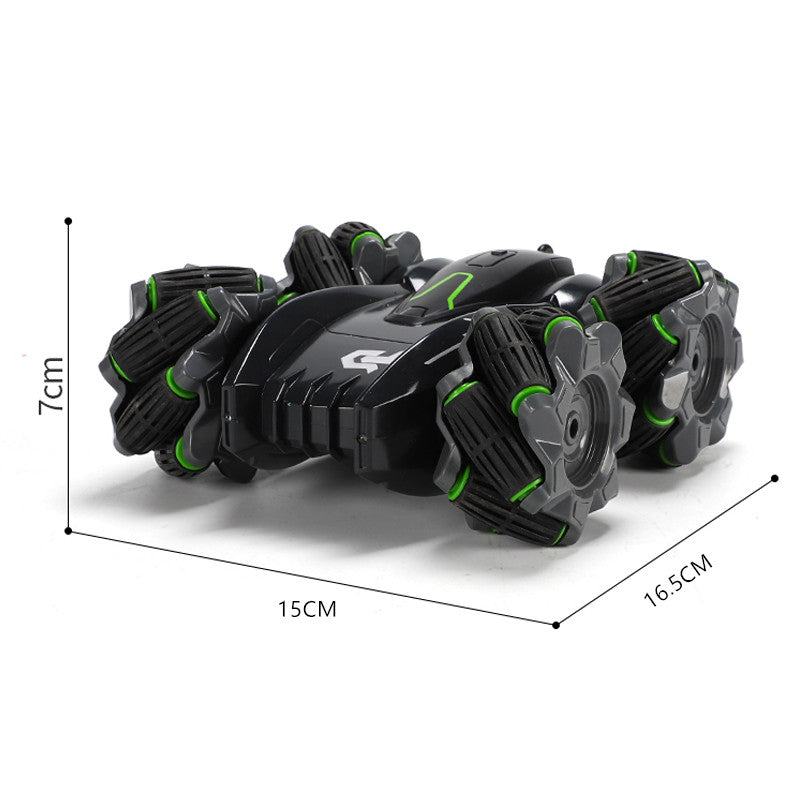 PLAYPULSE black and green RC car with sidesway and flips with unique wheel design
