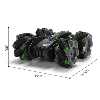 PLAYPULSE black and green RC car with sidesway and flips with unique wheel design