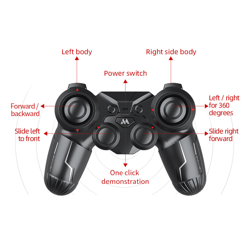 PLAYPULSE remote control for RC car with sidesway and flips showing buttons and directional controls