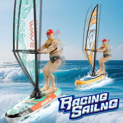 PLAYPULSE Remote Control racing sailboat with led lights featuring a detailed windsurfer figure on ocean waves