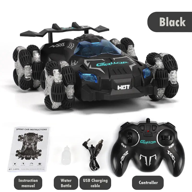PLAYPULSE spray stunt RC car with lights and music in black with USB charger and remote controller
