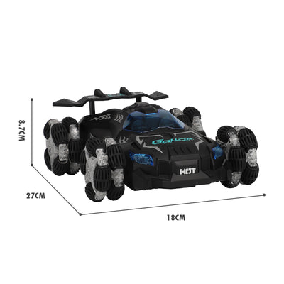 PLAYPULSE spray stunt RC car with lights and music in black with unique multi-wheel design