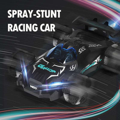 PLAYPULSE spray stunt RC car with lights and music in black with blue accents and racing design